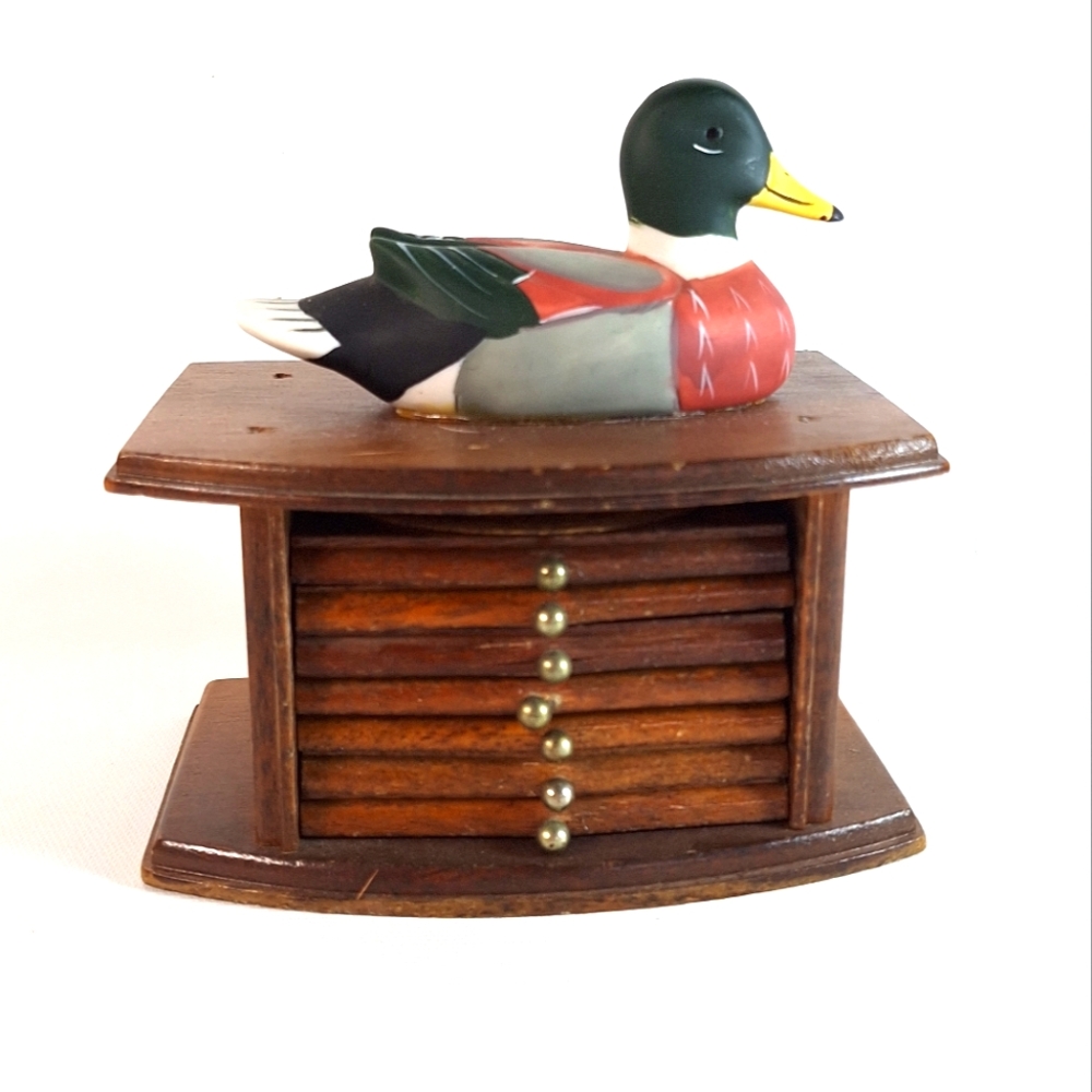 Vintage Coasters (7) Wooden Holder, Hand Painted Porcelain Duck Decor